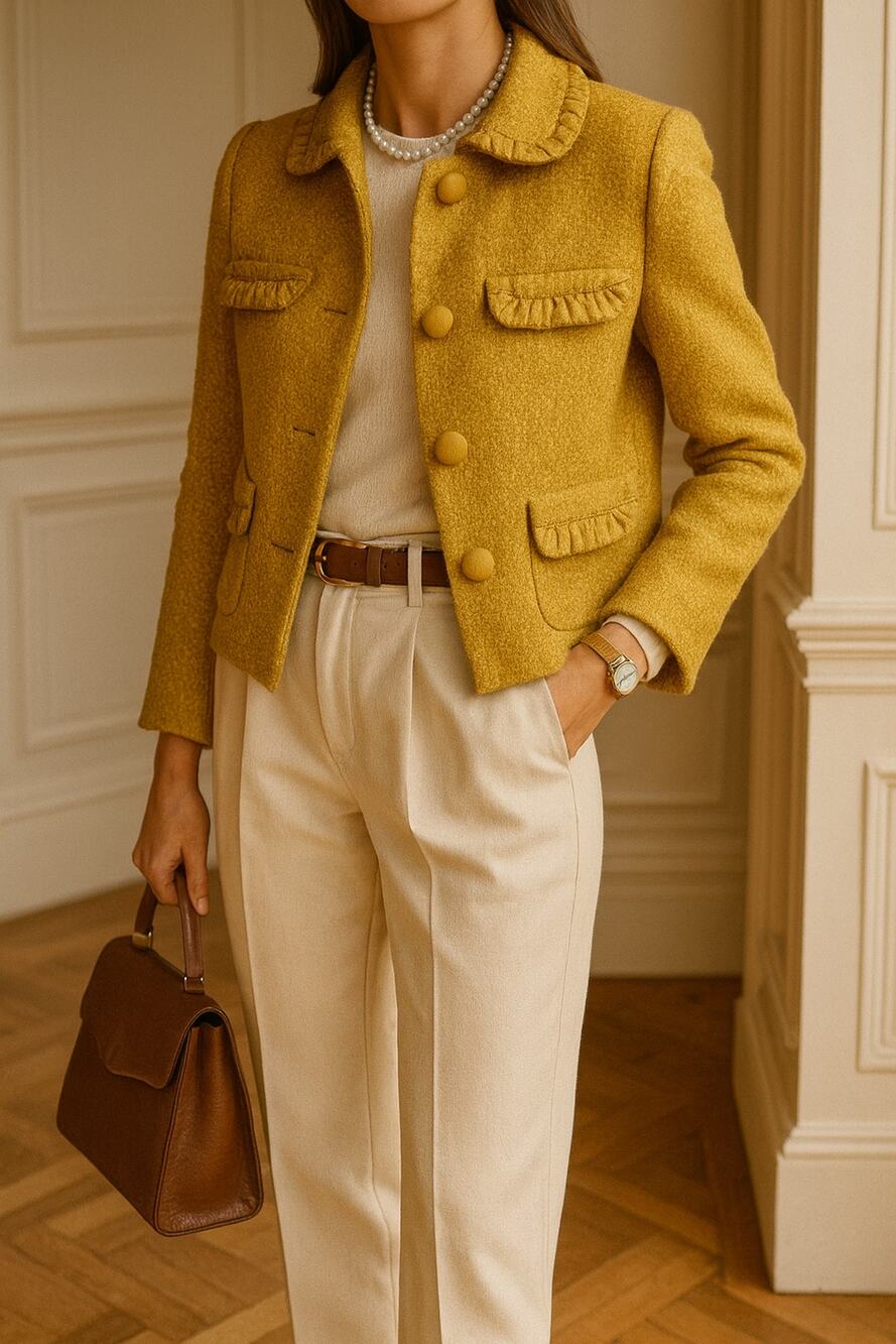 J.Crew Fall 2009 Ruffle-Trim Wool Blend Bouclé Lady Jacket Mustard NWT Sz 4